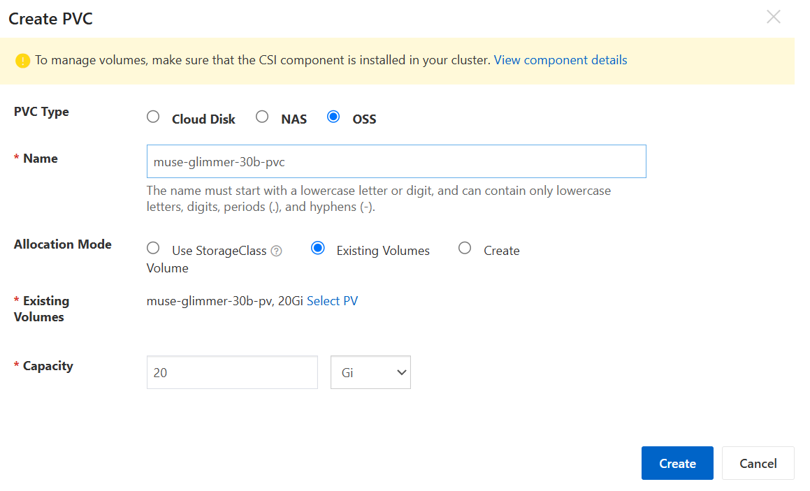 Create PVC in the ACK console bound to the existing OSS volume